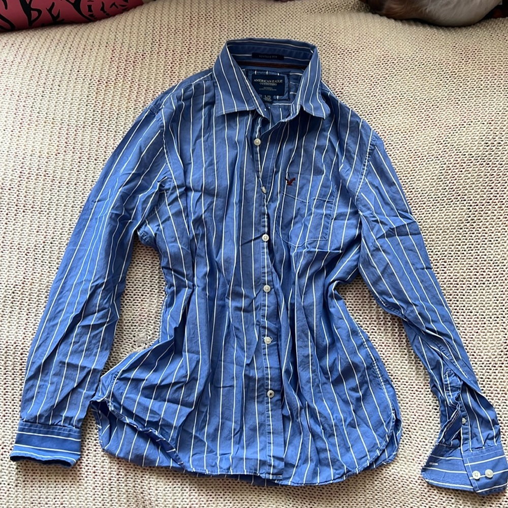American Eagle Outfitters oversized dress shirt, size L. Blue with white stripes
